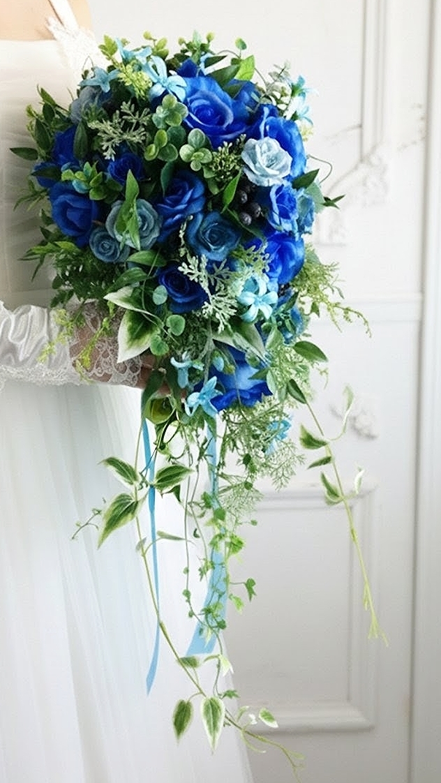 青薔薇とグリーンのナチュラルキャスケードブーケ