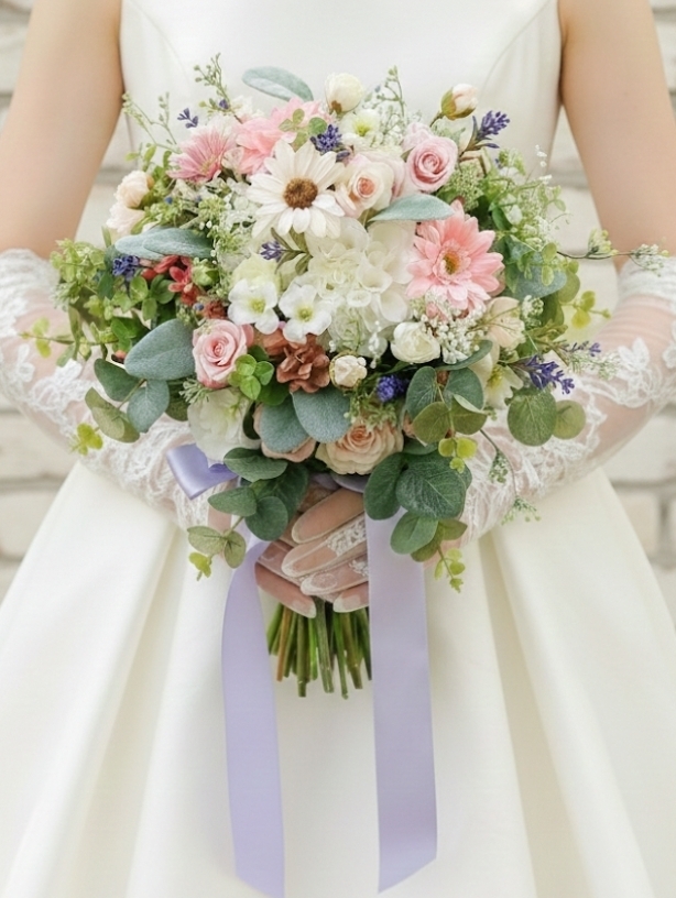 ホワイトダリア＆ガーベラの上品ナチュラルなクラッチブーケ