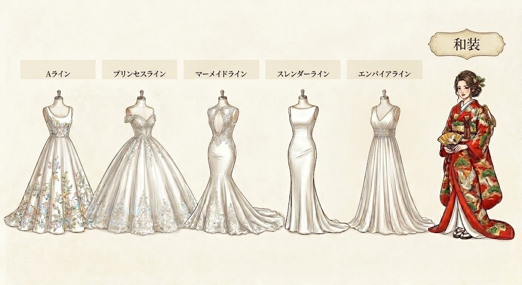 ドレスライン別に比較したウェディングブーケの相性イメージ