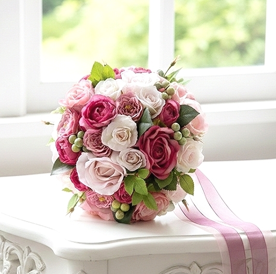 ビビットピンク&ソフトピンク&実の物のキュートなラウンドブーケ