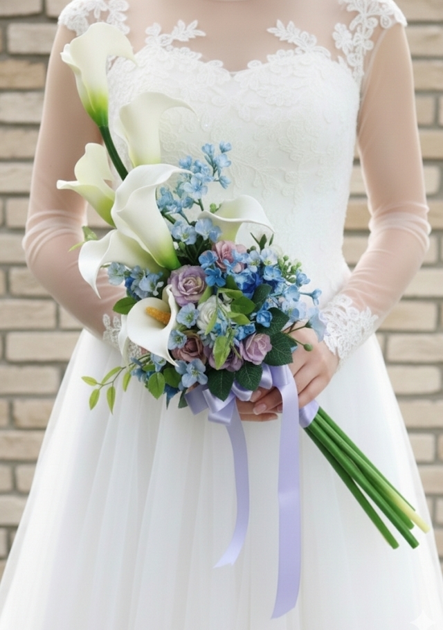 白いカラー＆パープルの薔薇・ブルー系小花のエレガントなアームブーケ