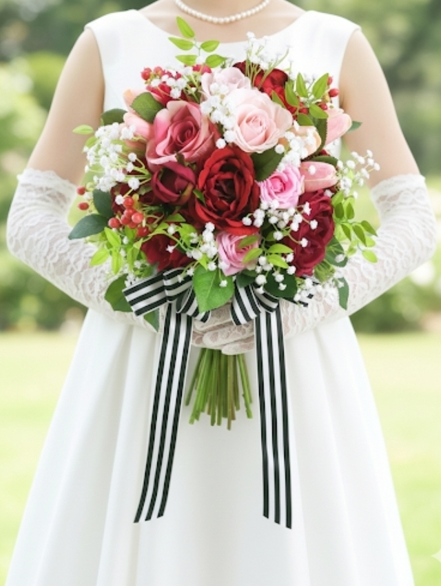 レッド・ホワイト・モーブピンクの薔薇の大人エレガントなクラッチブーケ