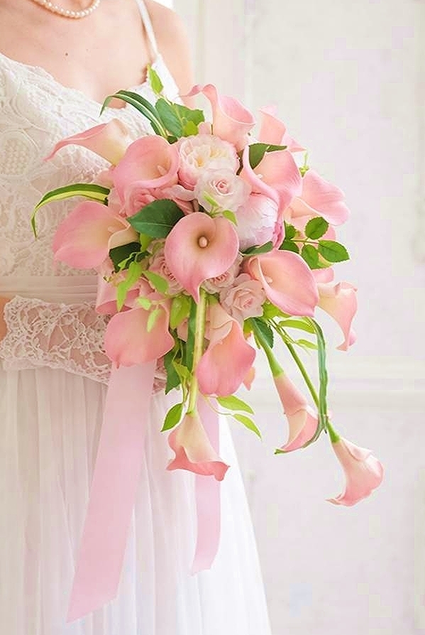 キャスケードブーケ|カラー×ピオニー|ピンク系|造花 ウェディングブーケ(アーティフィシャルフラワー)