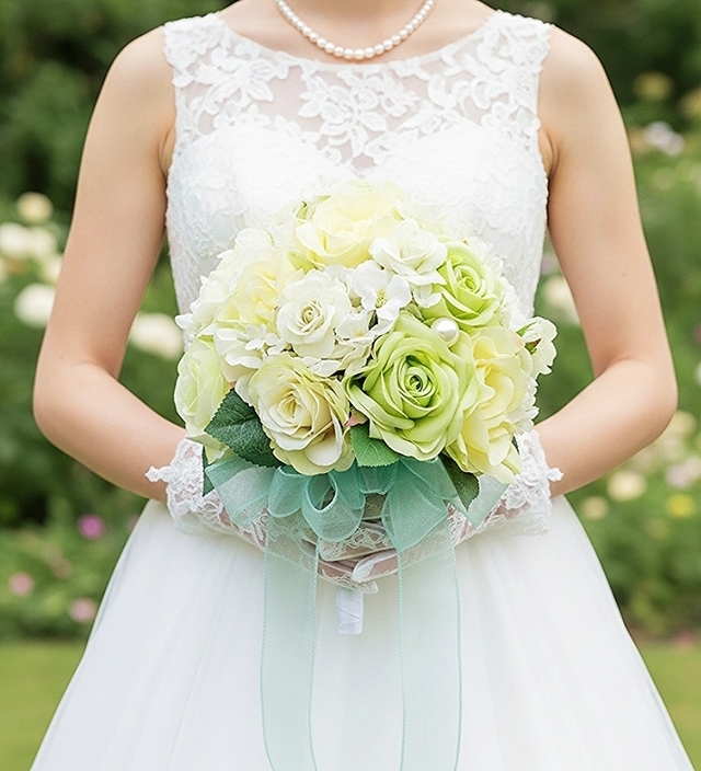 ライトグリーン＆ホワイトの爽やかなドームスタイルブーケ