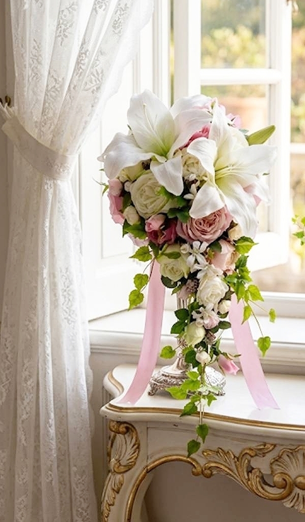 カサブランカ＆ソフトピンク・白薔薇のセミキャスケードブーケ｜造花ウエディングブーケ