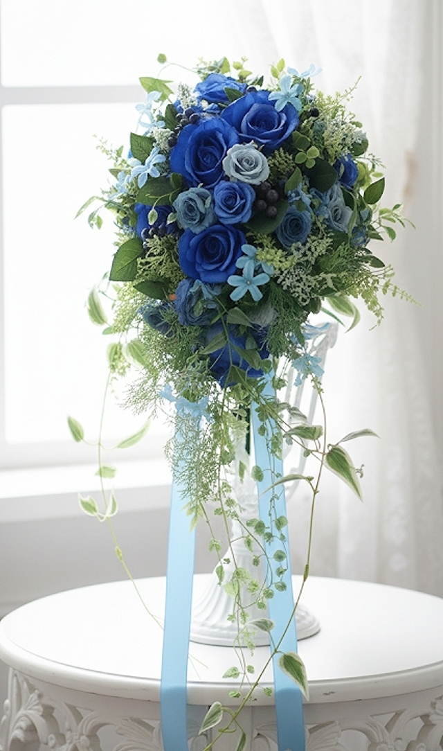 青薔薇とグリーンのナチュラルキャスケードブーケ