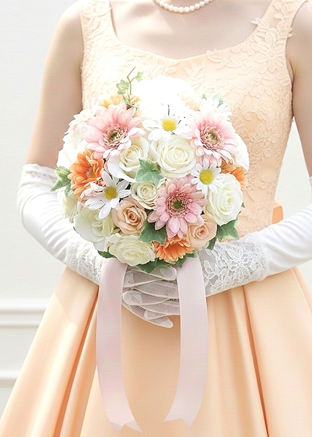 白薔薇＆ガーベラ＆マーガレットのパステルカラーのラウンドブーケ