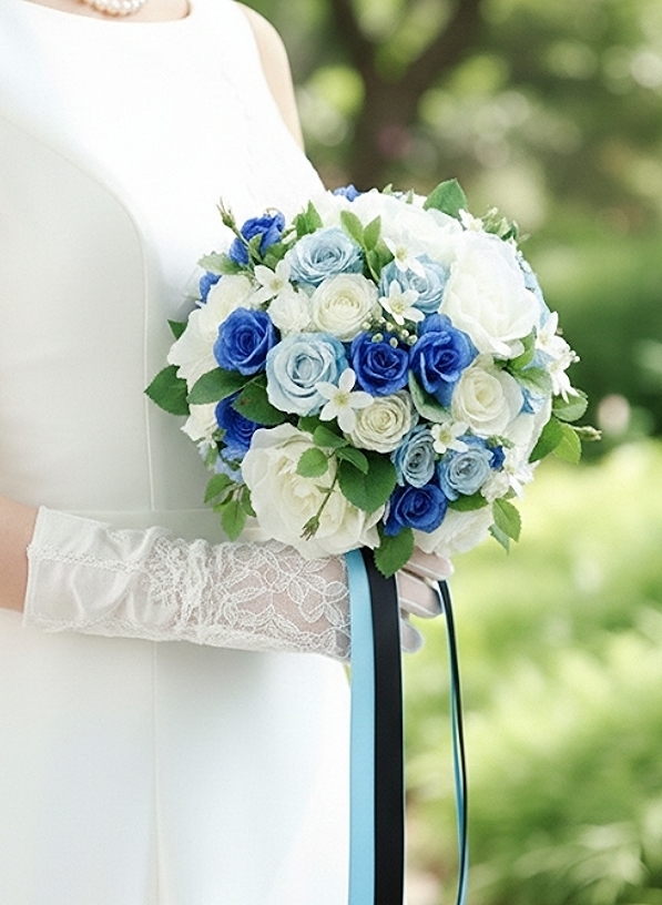 白薔薇＆＆ロイヤルブルー＆ライトブルーのミニ薔薇の気品あるラウンドブーケ