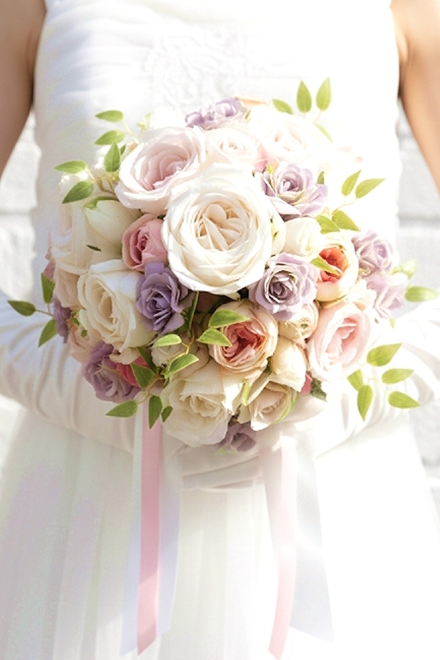 クリームホワイト＆ピンクのオールドローズとパープルのミニバラのラウンドブーケ