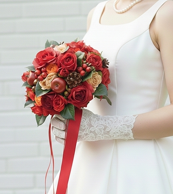 リンゴと実の物の鮮やかレッドのラウンドブーケ