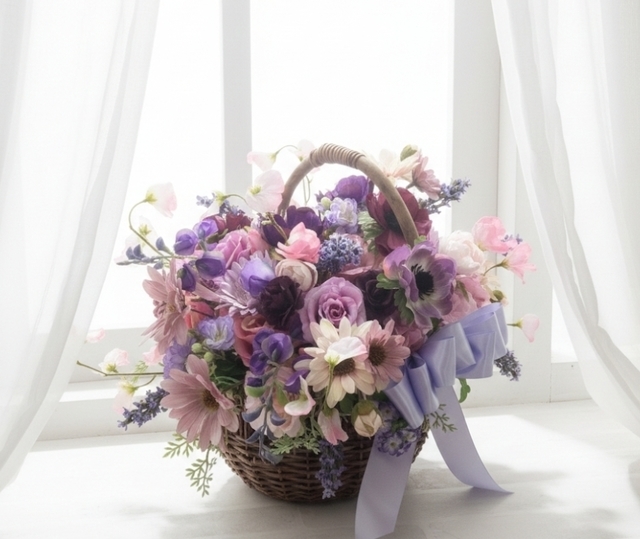 モーブピンク＆パープルカラーの大人エレガントなバスケットブーケ