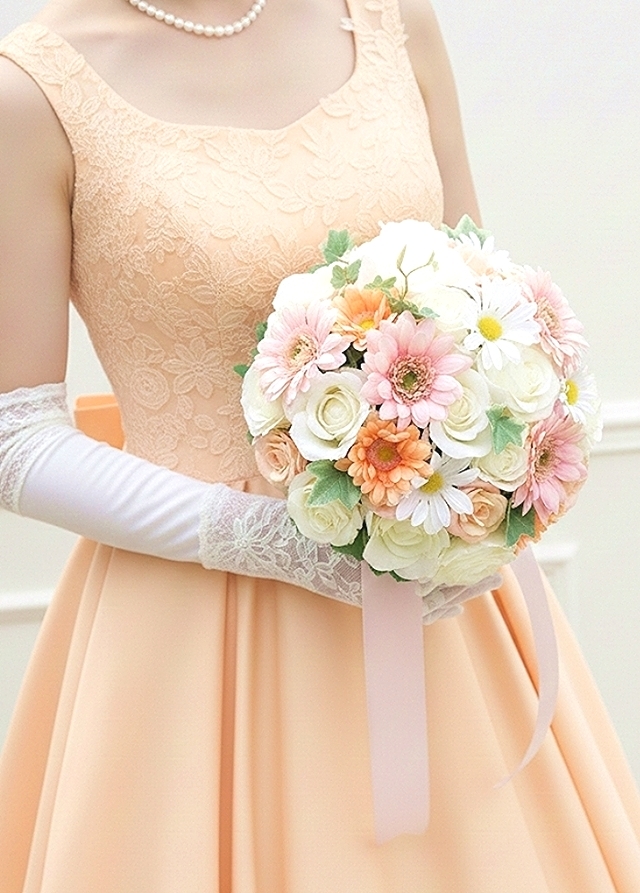 白薔薇＆ガーベラ＆マーガレットのパステルカラーのラウンドブーケ