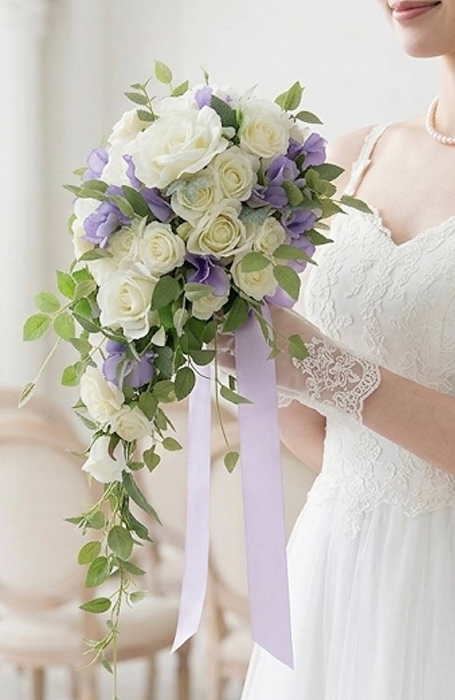 キャスケードブーケ 薔薇 白＆パープル系｜造花ウェディングブーケ（アーティフィシャルフラワー）