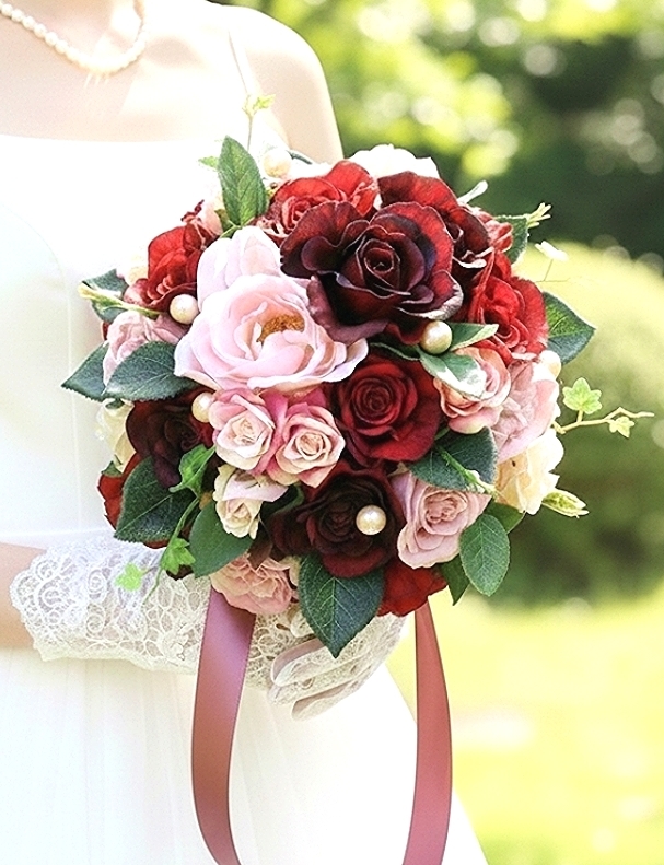 ワイン＆ローズ＆ソフトピンクの薔薇の大人エレガンスなラウンドブーケ
