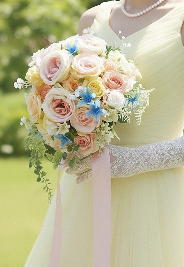 ふんわりパステルカラーのラウンドブーケ