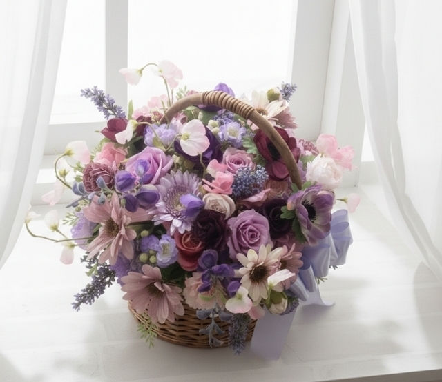 モーブピンク＆パープルカラーの大人エレガントなバスケットブーケ