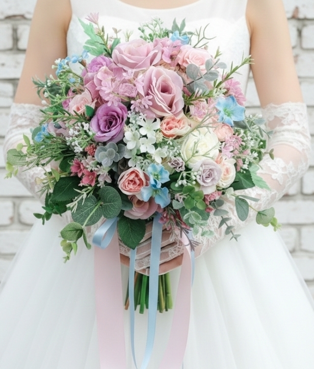 スモ―キーピンク&水色小花の上品ナチュラなクラッチブーケ