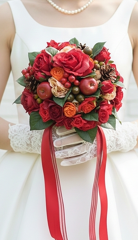 リンゴと実の物の鮮やかレッドのラウンドブーケ