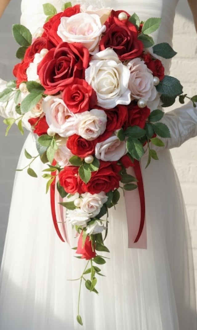 赤薔薇＆ペールピンク＆オフホワイトの薔薇のショートキャスケードブーケ