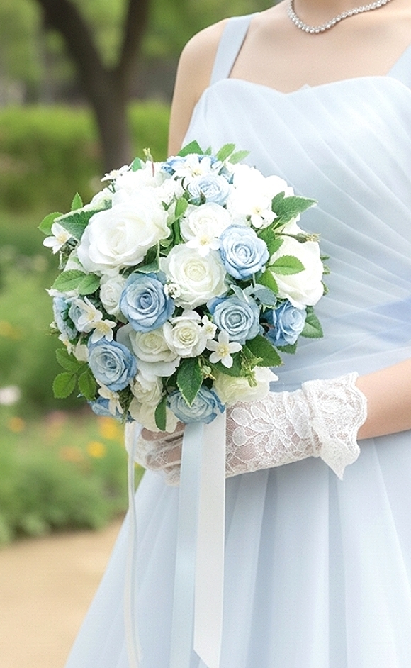 白薔薇＆ライトブルーのミニ薔薇の清楚なラウンドブーケ