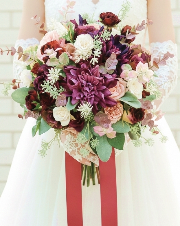 ワインカラーのダリアのシックなクラッチブーケ