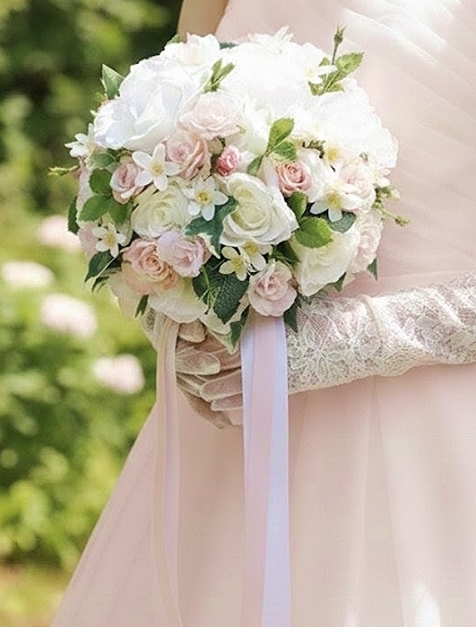 ホワイト＆ベビーピンクの薔薇＆ホワイトスターのお姫様ラウンドブーケ