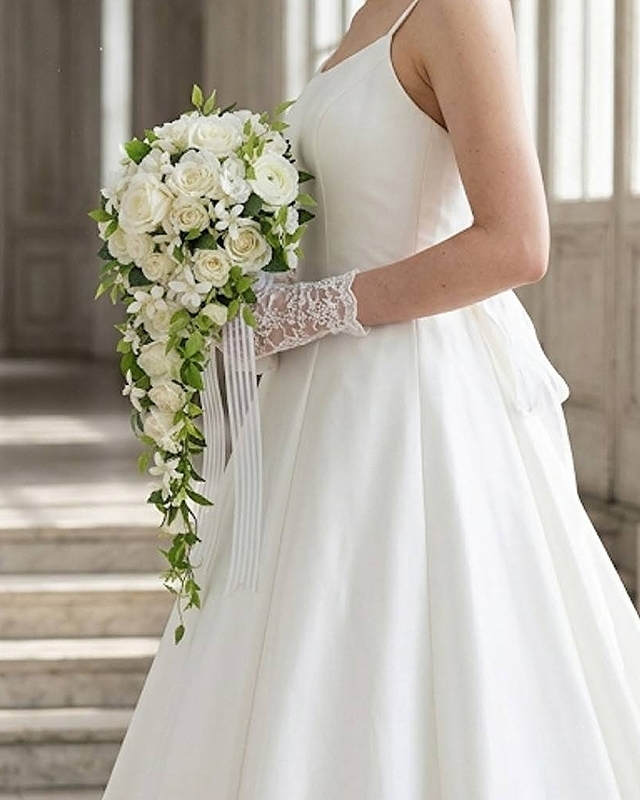 キャスケードブーケ 薔薇 白系｜造花ウエディングブーケ（アーティフィシャルフラワー）