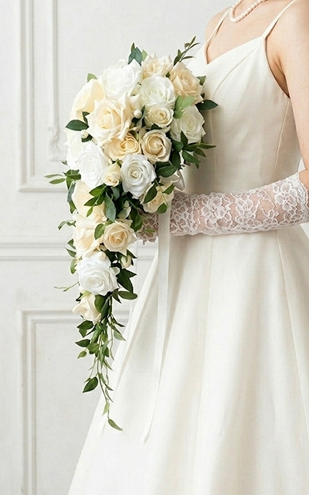オフホワイト＆白薔薇＆パール入りのシンプルエレガントなショートキャスケードブーケ｜造花ウエディング