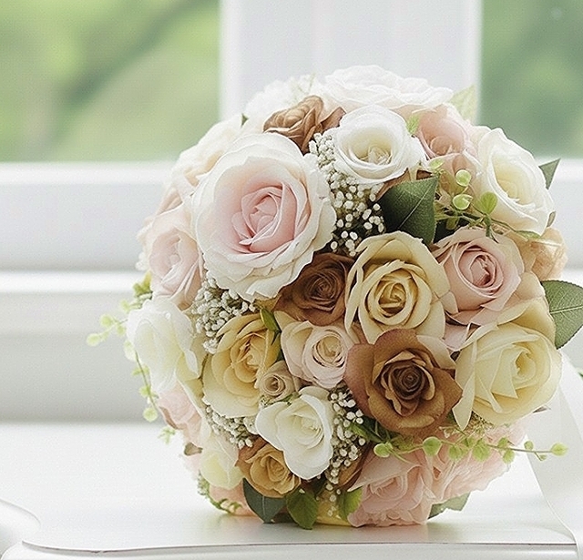 ピンク&ベージュ&オフホワイトの薔薇のニュアンスカラーのラウンドブーケ