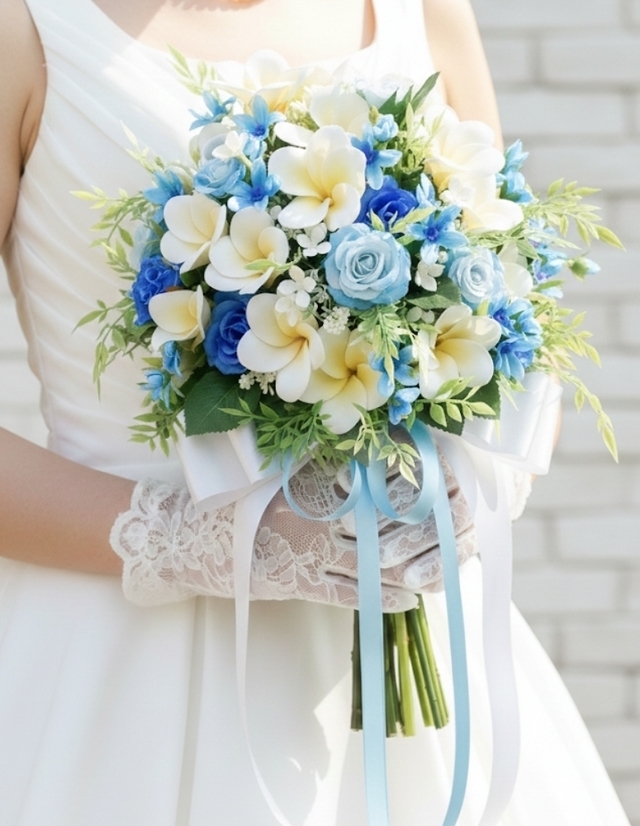 プルメリア&ブルーグラデーションの爽やかクラッチブーケ