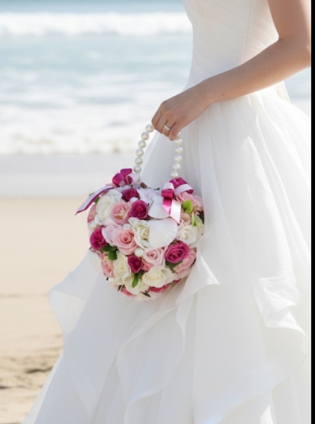 シェル付き、ピンク系＆ホワイトのハートのバッグブーケ