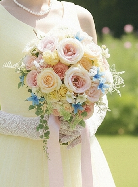ふんわりパステルカラーのラウンドブーケ