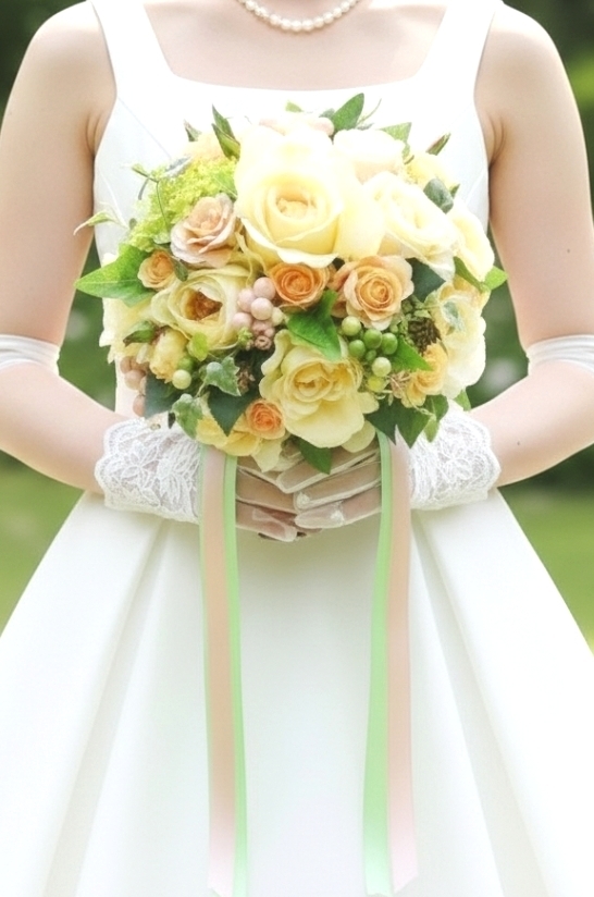 優しいイエロー＆オレンジ＆実の物のナチュラルソフトなラウンドブーケ