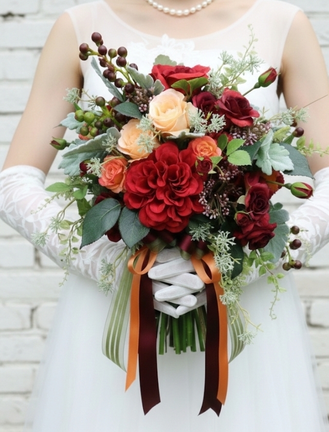 赤のグラデーション＆オレンジの薔薇＆ダリアのエレガントなクラッチブーケ