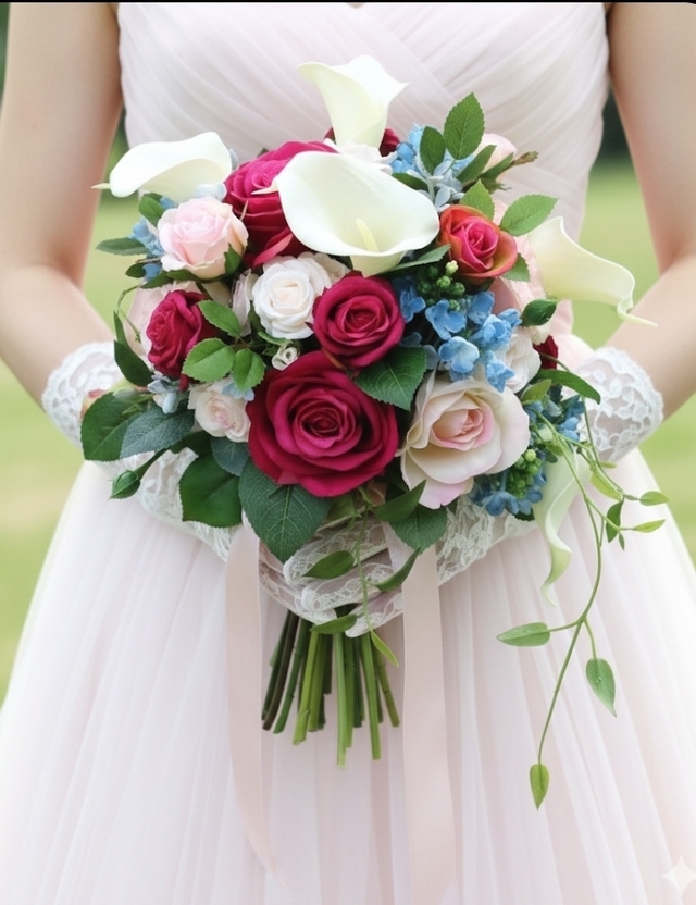 カラー＆薔薇＆ブルーの小花のフェミニンなクラッチブーケ