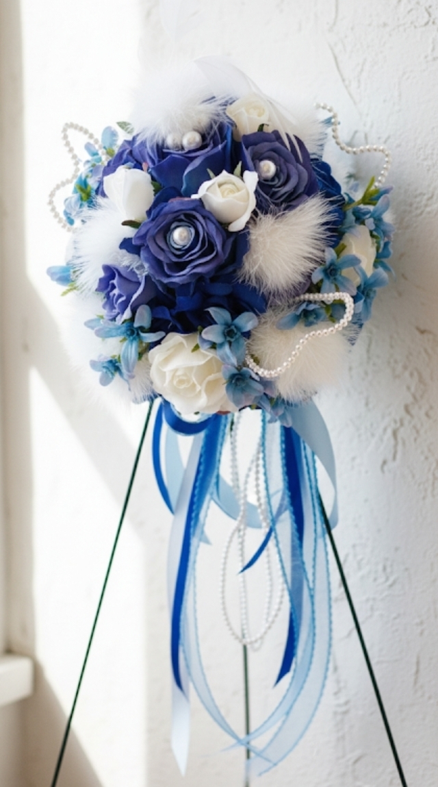 フェザー＆パールのコーンスタイルブーケ