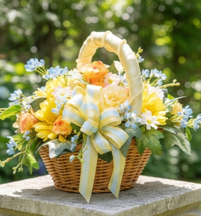 ゴールデンイエローのガーベラ＆小花の＆薔薇のナチュラルバスケットブーケ