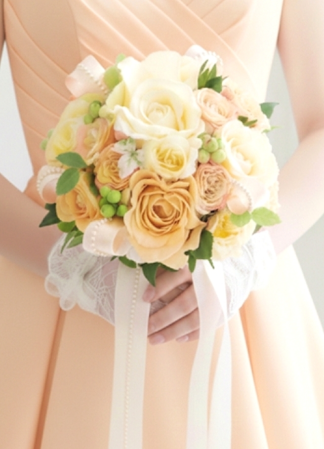 ソフトイエロー＆オレンジの薔薇＆リボン・パール使いのフェミニンなラウンドブーケ