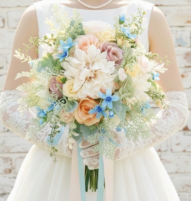 可憐なブルーの小花&大人パステルのクラッチブーケ