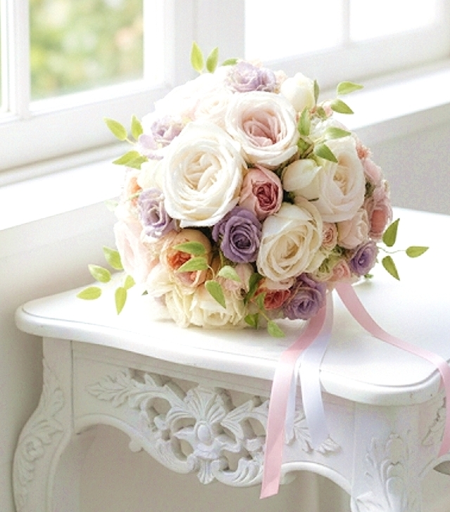 クリームホワイト&ピンクのオールドローズとパープルのミニバラのラウンドブーケ