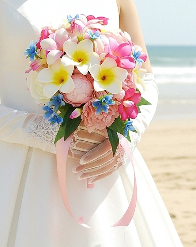ホワイト・濃淡ピンクのプルメリア&芍薬＆薔薇のキュートなラウンドブーケ