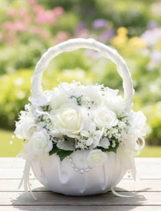 白いサテン地のふっくらバスケットブーケ