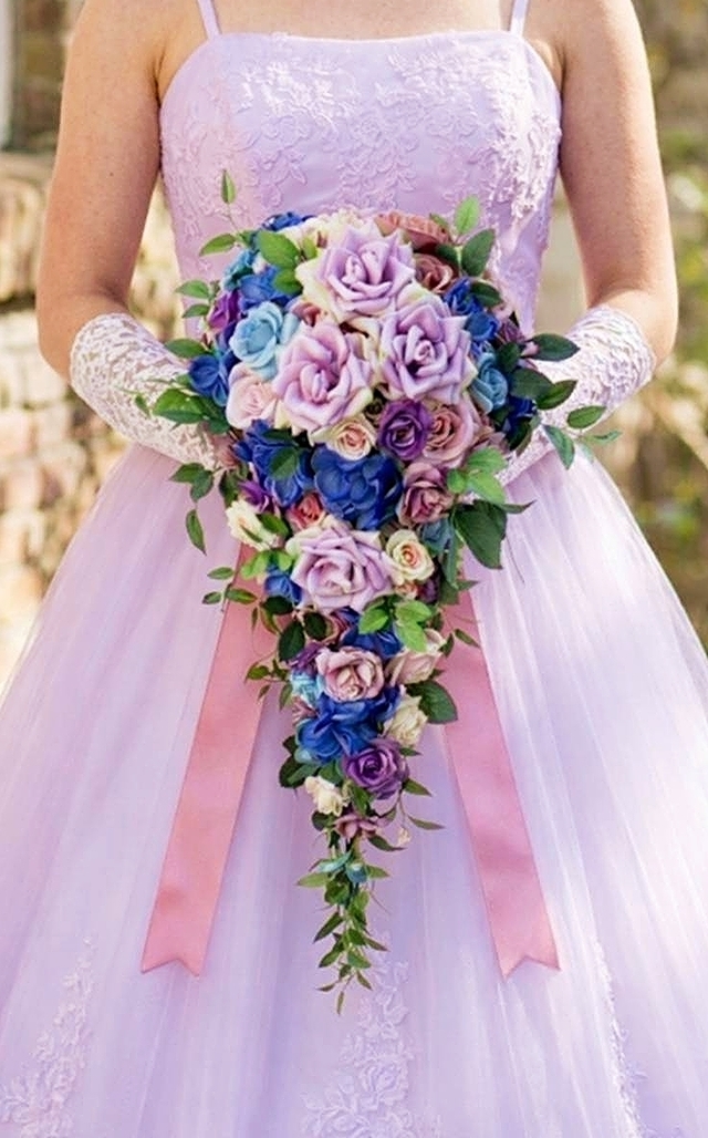 キャスケードブーケ 薔薇　パープル＆ブルー系｜造花ウエディングブーケ（アーティフィシャルフラワー）