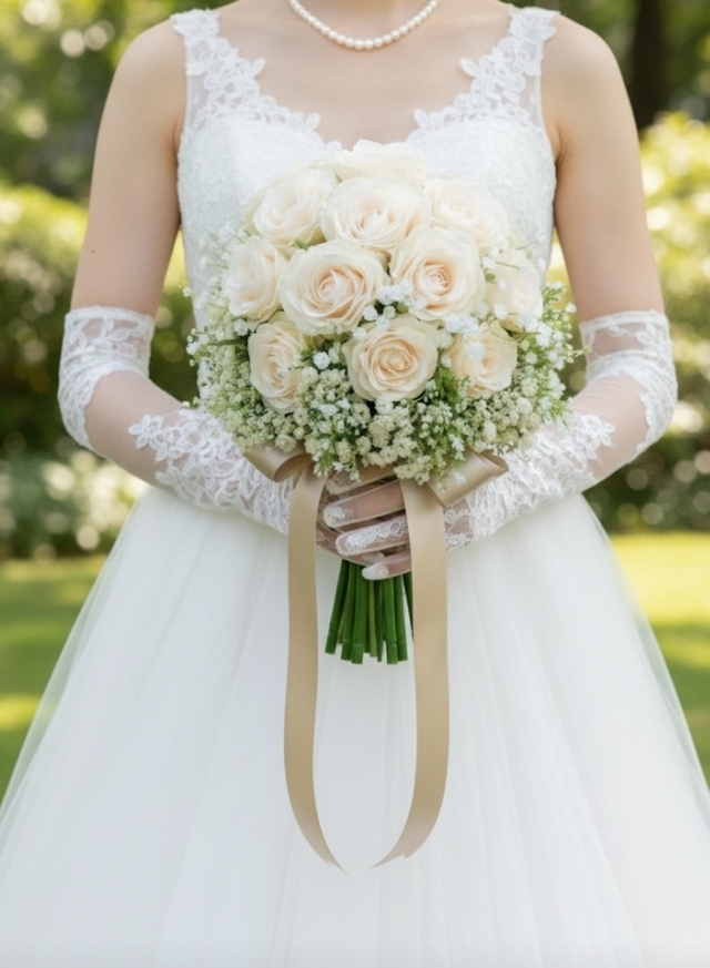 クリーム色の薔薇&カスミ草のレトロクラッシックなクラッチブーケ