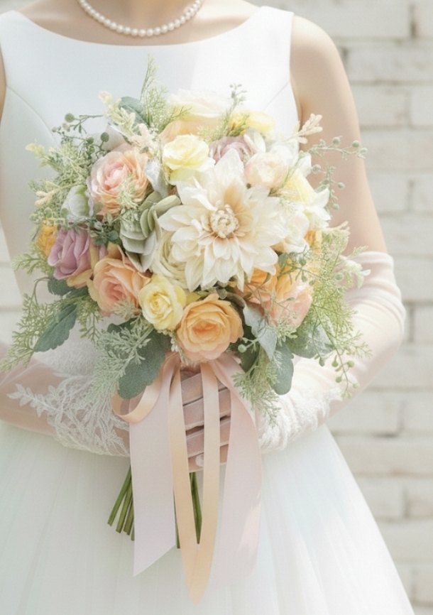 クリームベージュのダリア＆大人パステルのクラッチブーケ