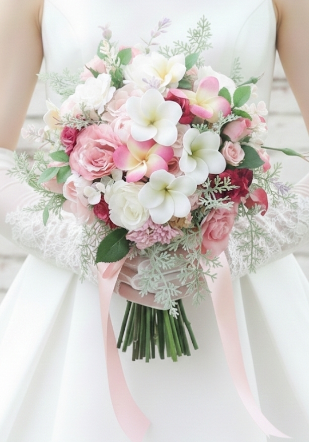 プルメリア&ピンクの薔薇のクラッチブーケ