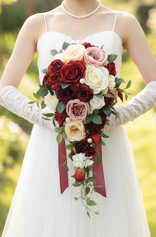 深紅・ボルドー＆クリームの薔薇の大人シックエレガントのショートキャスケードブーケ