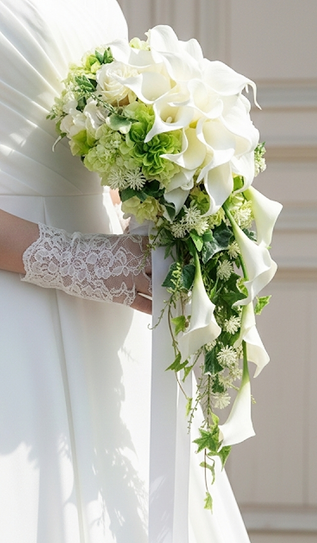 カラー＆たっぷりグリーンの優美なキャスケードブーケ