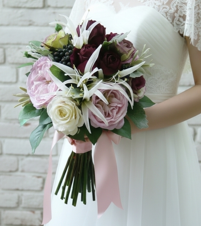 ラベンダーピンク＆ボルドーの大輪薔薇のラグジュアリーなクラッチブーケ