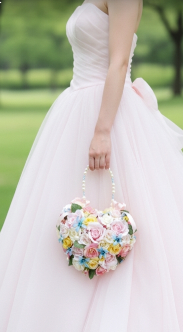 パステルミックスカラー＆パールのハートのバッグブーケ